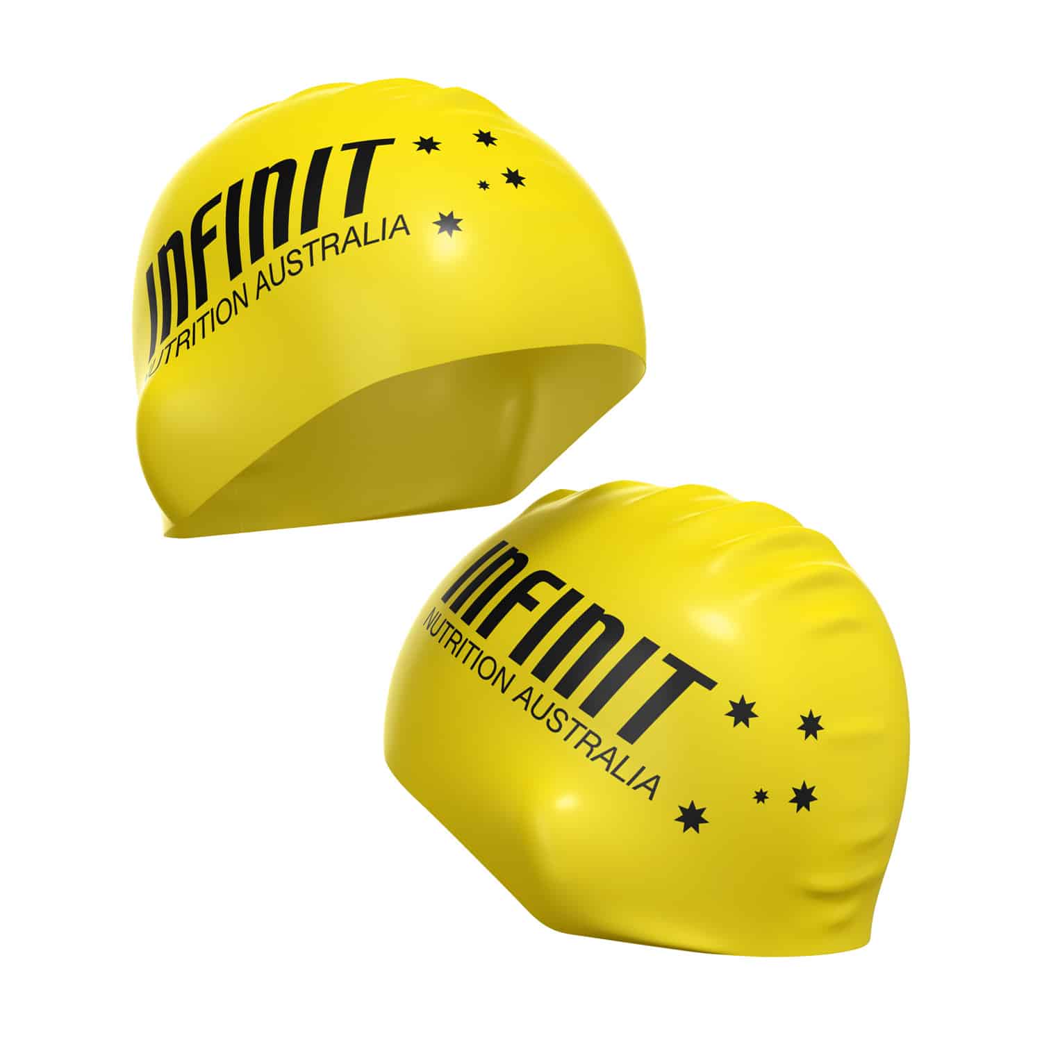 Yellow seamless swimming cap with Infinit Nutrition Australia custom printed logo