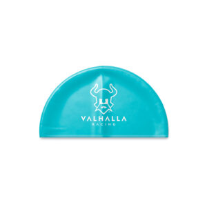 Neon Blue 3D Dome silicone swimming cap with Valhalla Racing custom printed logo
