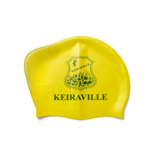 Yellow silicone long hair swimming cap with Keiraville custom printed logo