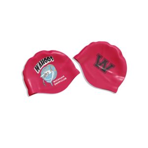 Red standard silicone swimming cap with Wickham Swim Club custom printed logo