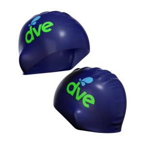 Blue standard silicone swimming cap with DVE custom printed logo