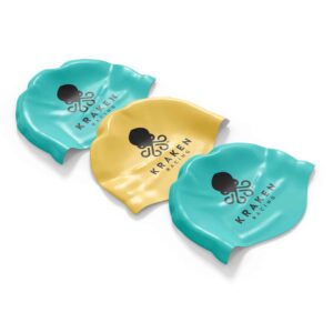 Neon Blue and Yellow standard silicone swimming cap with Kraken Racing custom printed logo