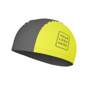 Yellow and grey polyester swimming cap with custom printed logo