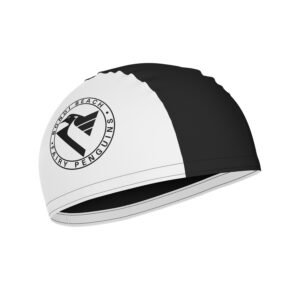 Black and white polyester swimming cap with custom printed logo