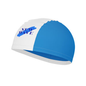 Blue and white polyester swimming cap with custom printed logo