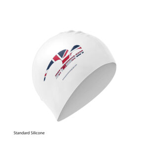 White Standard Silicone Swimming Cap with custom JSC printed logo
