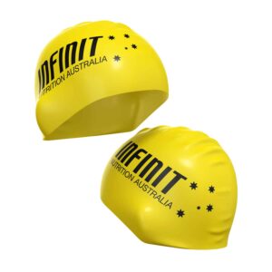 Yellow custom seamless silicone swimming cap with Infinit Nutrition Australia custom printable logo