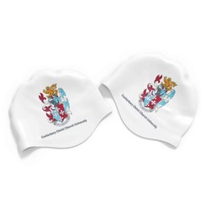 White custom seamless silicone swimming cap with Canterbury Christ Church University custom printable logo