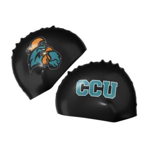 Black latex swimming cap with CCU custom printed logo