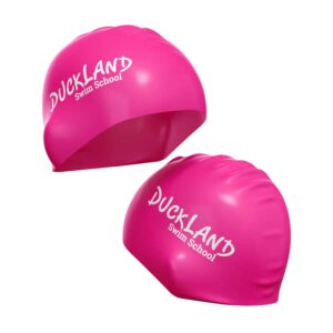 Pink latex swimming cap with Duckland Swim School custom printed logo