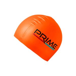 Orange latex swimming cap with Prime Triathlon Coaching custom printed logo