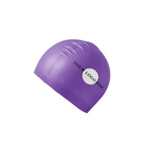 Purple latex swimming cap with custom printed logo