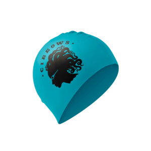 Neon Blue latex swimming cap with custom printed logo