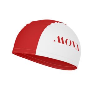 Red and white polyester swimming cap with custom printed logo