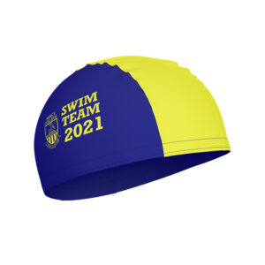 Blue and yellow polyester swimming cap with custom printed logo