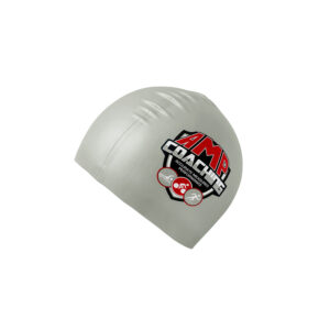 Silver seamless (wrinkle free) silicone swimming hat with AMP Coaching custom printed logo
