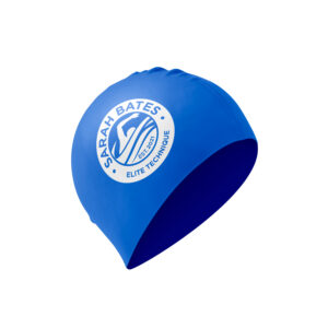 Blue seamless (wrinkle free) silicone swimming hat with Sarah Bates custom printed logo