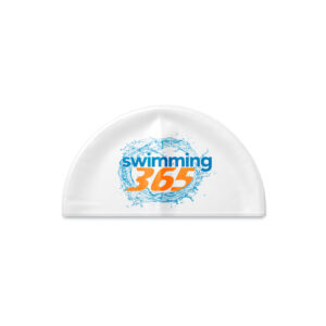 White 3D Dome swimming cap with Swimming 365 custom printed logo