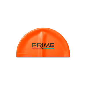Orange 3D Dome silicone swimming cap with Prime Triathlon Coaching custom printed logo