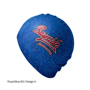 Royal blue recycled silicone swimming cap with Bayside Swimming custom printed logo