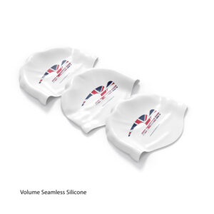 White seamless (wrinkle free) silicone swimming hat with JSC custom printed logo