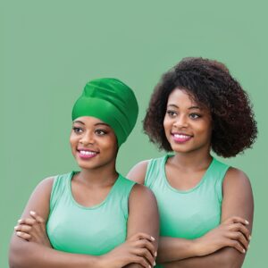 Women wearing green latex long hair swimming cap